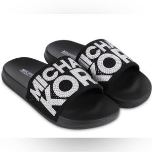 Michael Kors Women’s Black and White Logo Slide Sandals Rhinestone 6